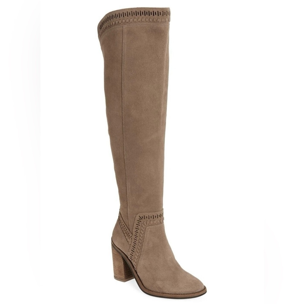 Vince Camuto Madolee Women Grey Brown Leather Suede Over the Knee Boot